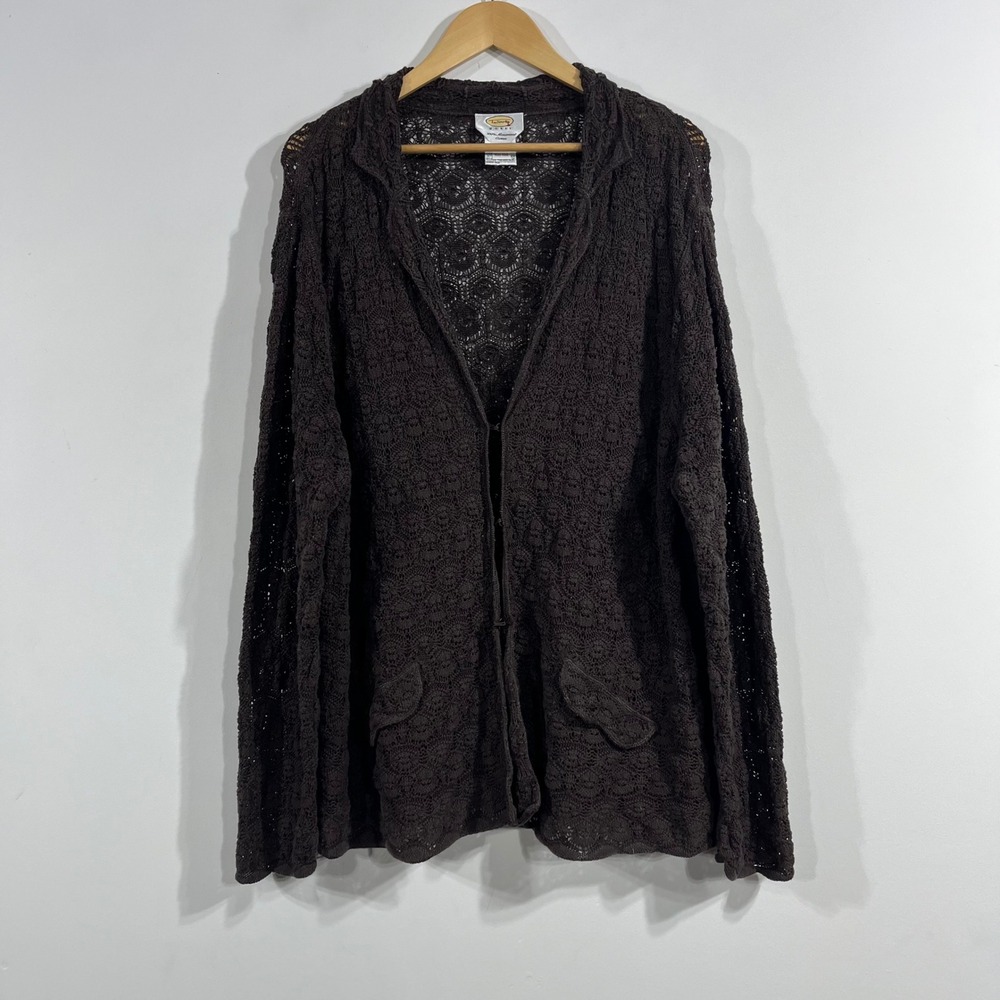 Talbots VTG Brown Fairy Grunge Boho Cotton Open Knit Crochet Cardigan 3X Granola
